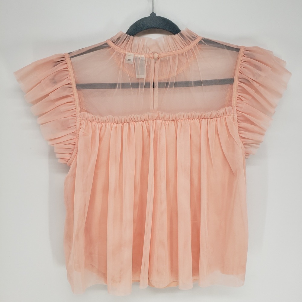 Joie Ruffle Tulle Mesh Blouse Women Medium Peach Pink Sheer Pleated Flutter Top - Picture 2 of 8